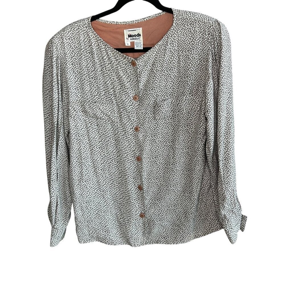 Moods by Krizia Vintage 80s Gray Petite Pattern Blouse Size Medium